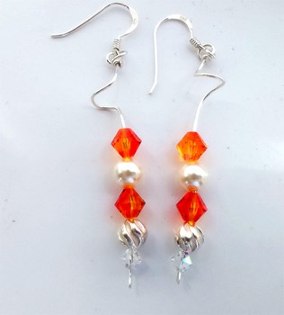 Sterling Silver Orange Swarovski Crystal and Pearl Drop Earrings
