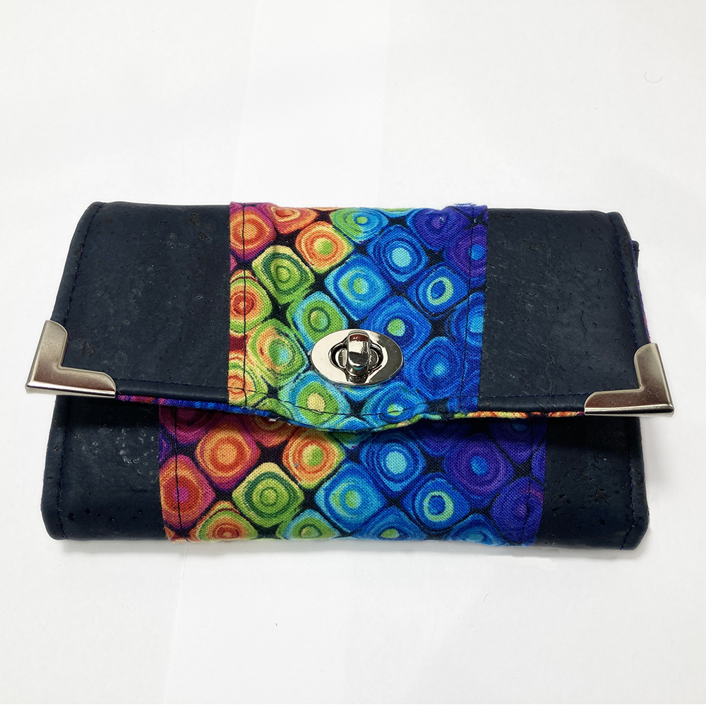 Ladies Wallet with Coin Purse - Navy Cork with Rainbow Cotton