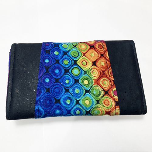Ladies Wallet with Coin Purse - Navy Cork with Rainbow Cotton