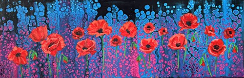Fluid art painting of poppies in a field