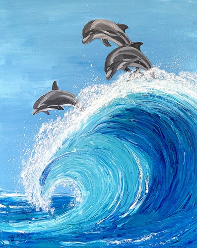 Fluid art painting of dolphins cresting a wave