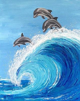 Painting of dolphins and sea wave