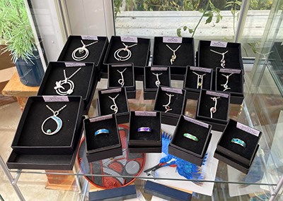 Display of handmade silversmithed jewellery for sale