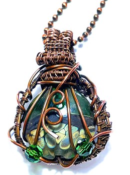 Copper Wirewoven Pendant with Green Lampwork Bead